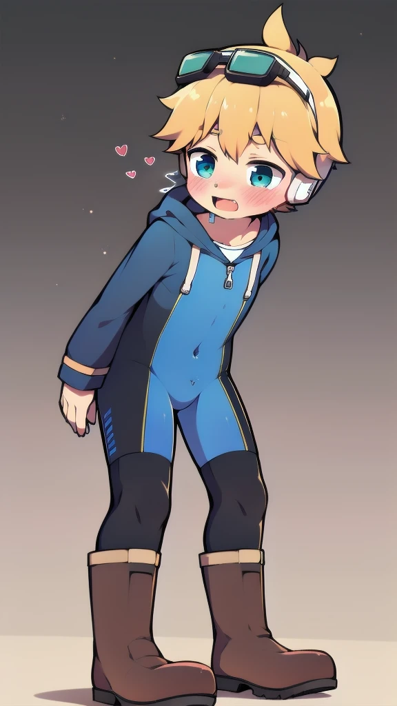 2D Boy Shota，One-piece mountaineering suit，Slim, healthy body，Put the headphones on your head，stand up，goggles，happy，Sailor collar，tie，Zipper pulled down，boots，hood，moan，blush