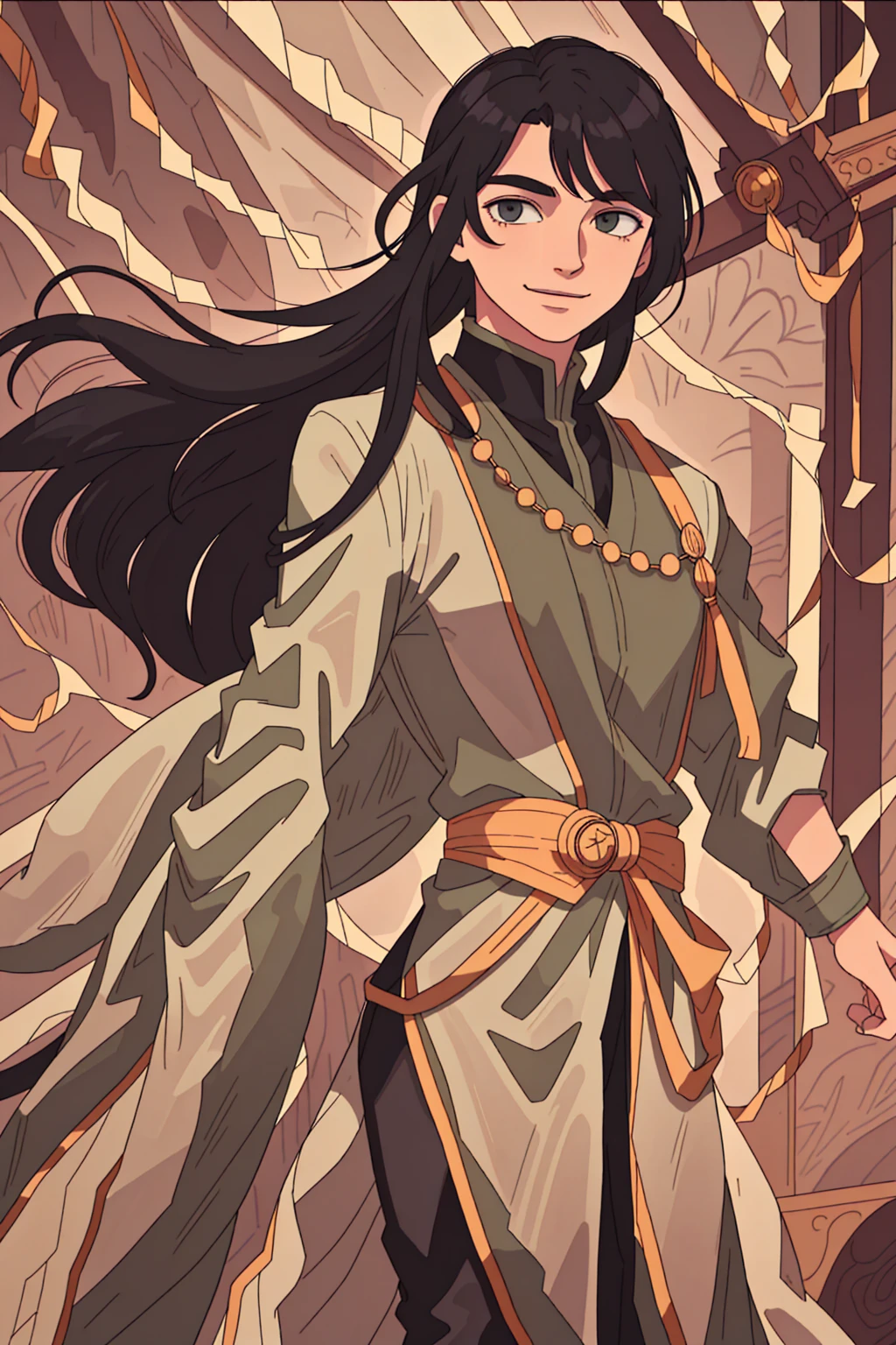 A well-built man, with really long straight black hair falling past his shoulders, verdant green steely eyes, older complexion, smiling softly. wearing a grey three-piece suit, embroidered with golden thread and metals, at a brightly lit ball dance, standing by himself, smiling onwards