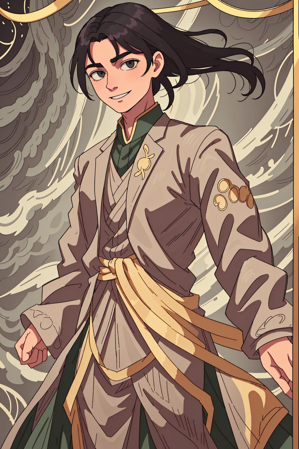 A well-built man, with really long straight black hair falling past his shoulders, verdant green steely eyes, older complexion, smiling softly. wearing a grey three-piece suit, embroidered with golden thread and metals, at a brightly lit ball dance, standing by himself, smiling onwards