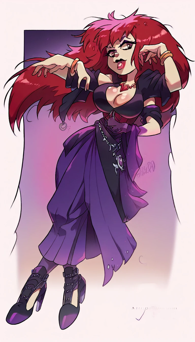 a beautiful teenage girl big breast gothic sexy attractive beautiful dark red hair tousled haircut Her brown eye painted purple eyelashes red lip she wears a purple button-down coat and a long purple skirt with an opening in the hem heels Black long golden arm bracelet