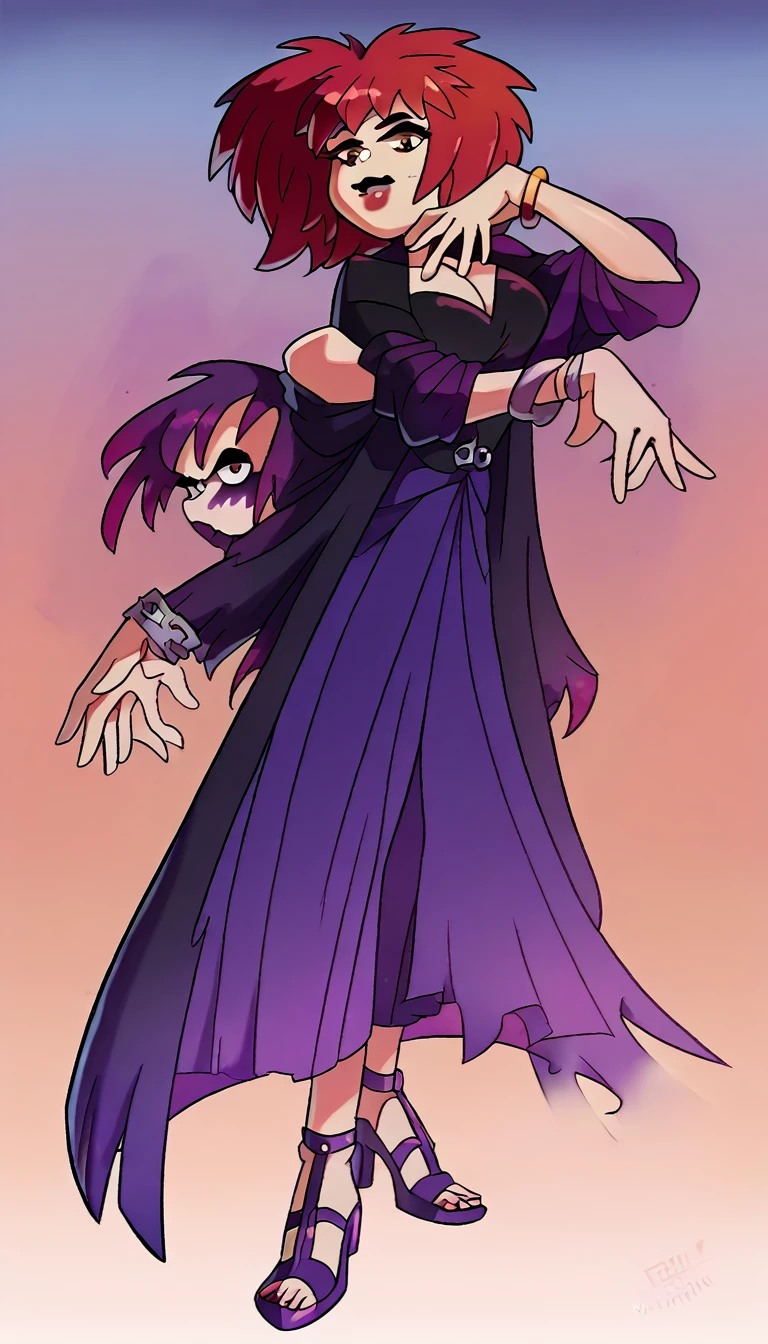 a beautiful age girl big breast gothic sexy attractive beautiful light red hair messy cut Her brown eye painted purple eyelashes red lip she wears a purple button-down coat and a long purple skirt with an opening in the hem heels Black long golden arm bracelet