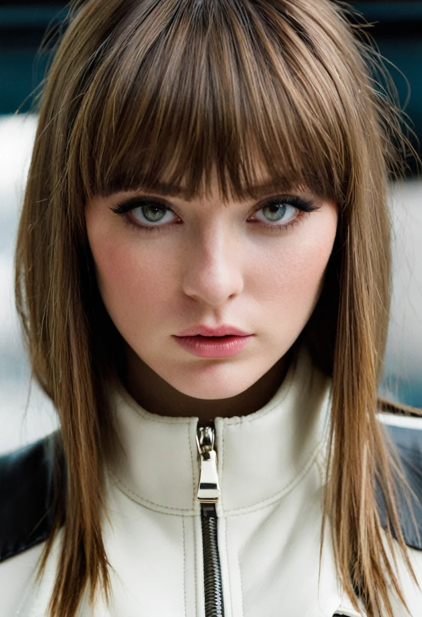 masterpiece, highres, screen shot, best quality, 1girl, (scar on left eye), white cropped jacket, highly detailed, rule of thirds, jewelry, long hair, bangs, hair between eyes