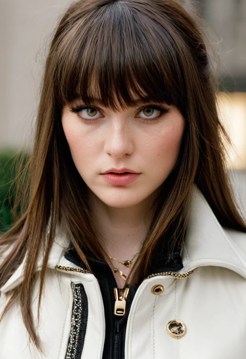 masterpiece, highres, screen shot, best quality, 1girl, (scar on left eye), white cropped jacket, highly detailed, rule of thirds, jewelry, long hair, bangs, hair between eyes