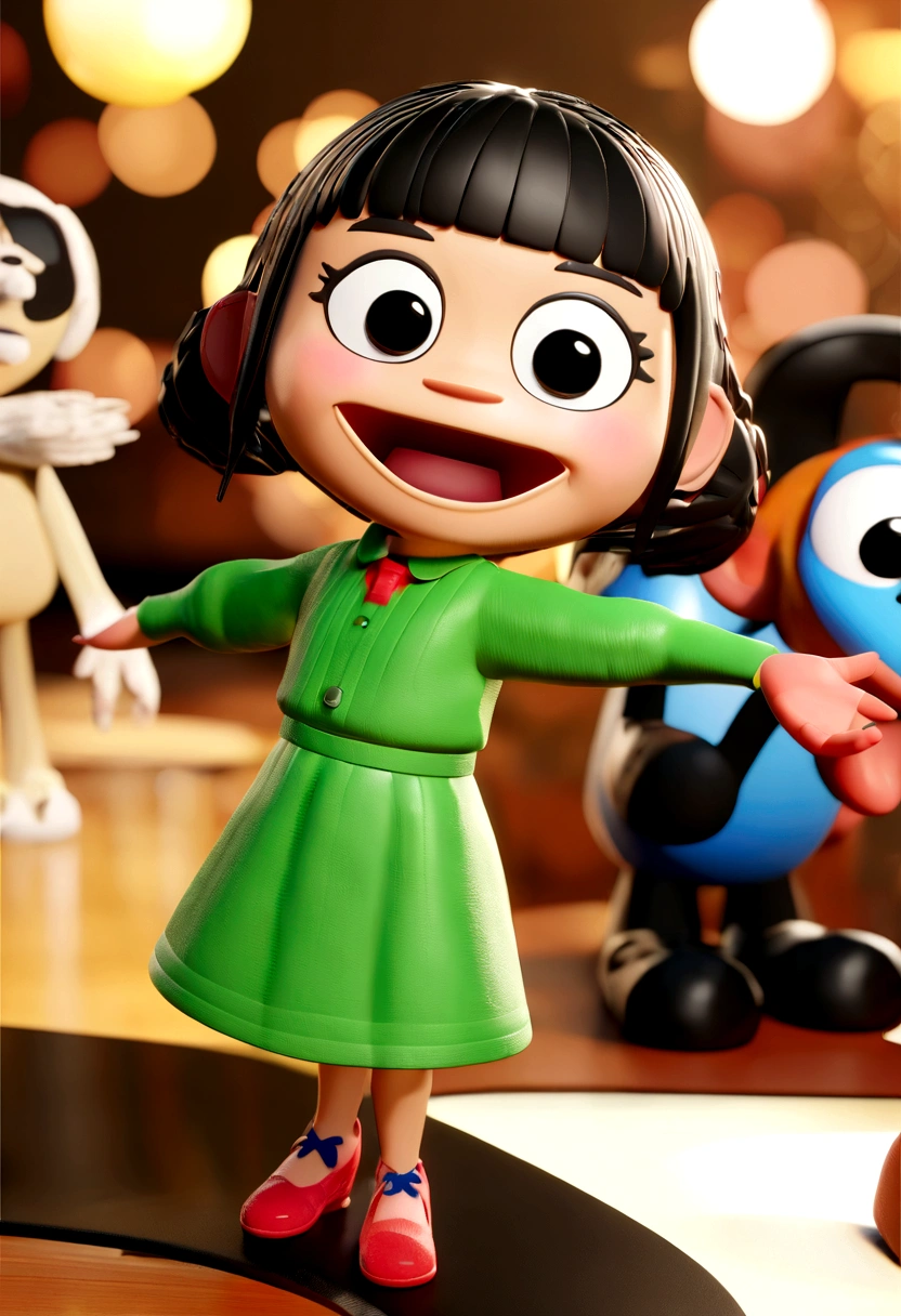 Cartoon character of an Asian woman in green dress , close to his 6 shih tzu dogs, one of the dogs is caramel colored and the other 5 dogs are black and white animation character, stylized character, animation style rendering, 3d stylized, Arnold Maya rendering, Stylized 3D rendering, toon render screenshot, 3d character, 3d character, Stylized 3D rendering, 3D character rendering, cartoon character, Personagem de close up, character posing, (Pixar-style) (master part:1.2) (bokeh) (best qualityer) (skin detailed) (detailed texture) (8K) (Argilla) (cinematic lighting) (sharp focus