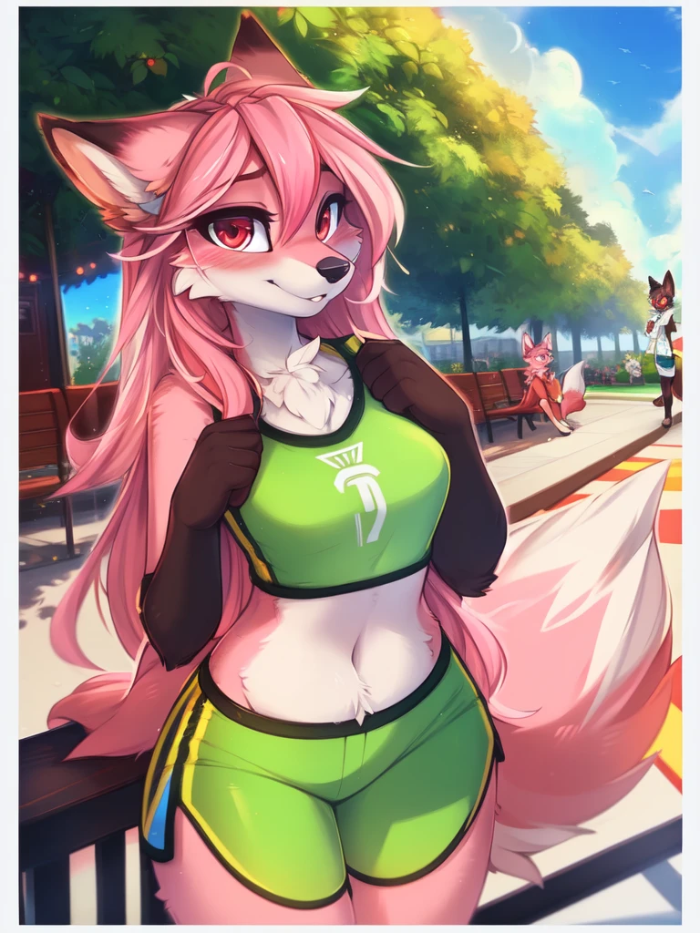 from Kenketa, Ross Tran, Ruan Jia, mumps, Foxovh, от zackary911, от Hyattlen, on a terrace, by Fumiko, от Pixelsketcher, by Bayard Wu, Thomas Benjamin Kennington, from Einshelm, from Kilina, by Coffeesoda, from Hyoshiru, from down-kevlar, от r-mk, by Dimwitdog, fluffy, Nazuna_hiwatasi, antro, Female, One, standing, mocking look, (half-closed eyes), pink hair, pink tail, (sportswear), (Red eyes), I look at the viewer, (Medium breasts, hips), (Fox), sunny day, (public park), (pink body, two-tone fur), (blushing, you&#39;re sweating), (hair in a ponytail), (Older), (((sheer thong:1.4))), pussy