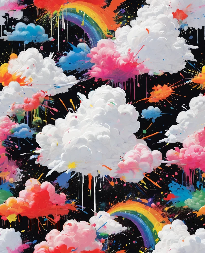 Graffiti, scribble, Comics by Petra Cortright, best quality, masterpiece, white with a rainbow fluffy small cloud artwork, Representative work, official art, Professional, Ultra intricate detailed, 8k, white with a rainbow fluffy small cloud art, Black background
