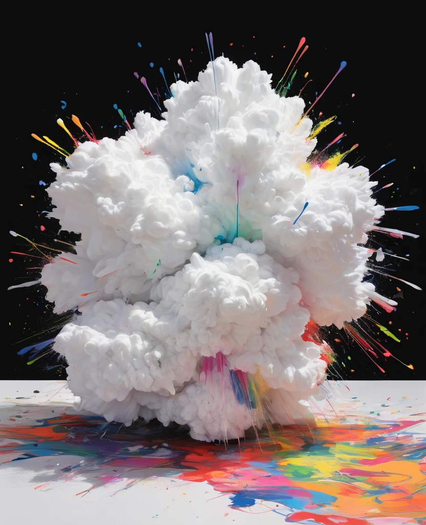 Graffiti, scribble, Comics by Petra Cortright, best quality, masterpiece, white with a rainbow fluffy small cloud artwork, Representative work, official art, Professional, Ultra intricate detailed, 8k, white with a rainbow fluffy small cloud art, Black background