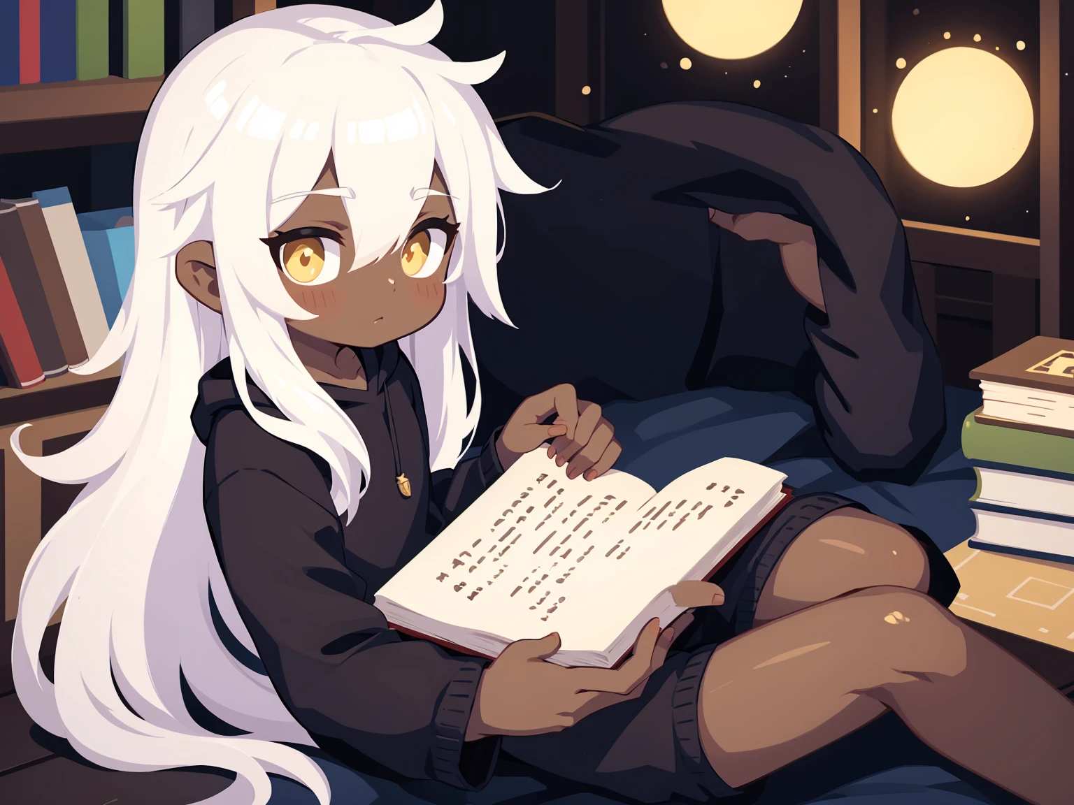 a boy with long white hair, yellow eyes, dark skin, cute, with book, laying, books on background
