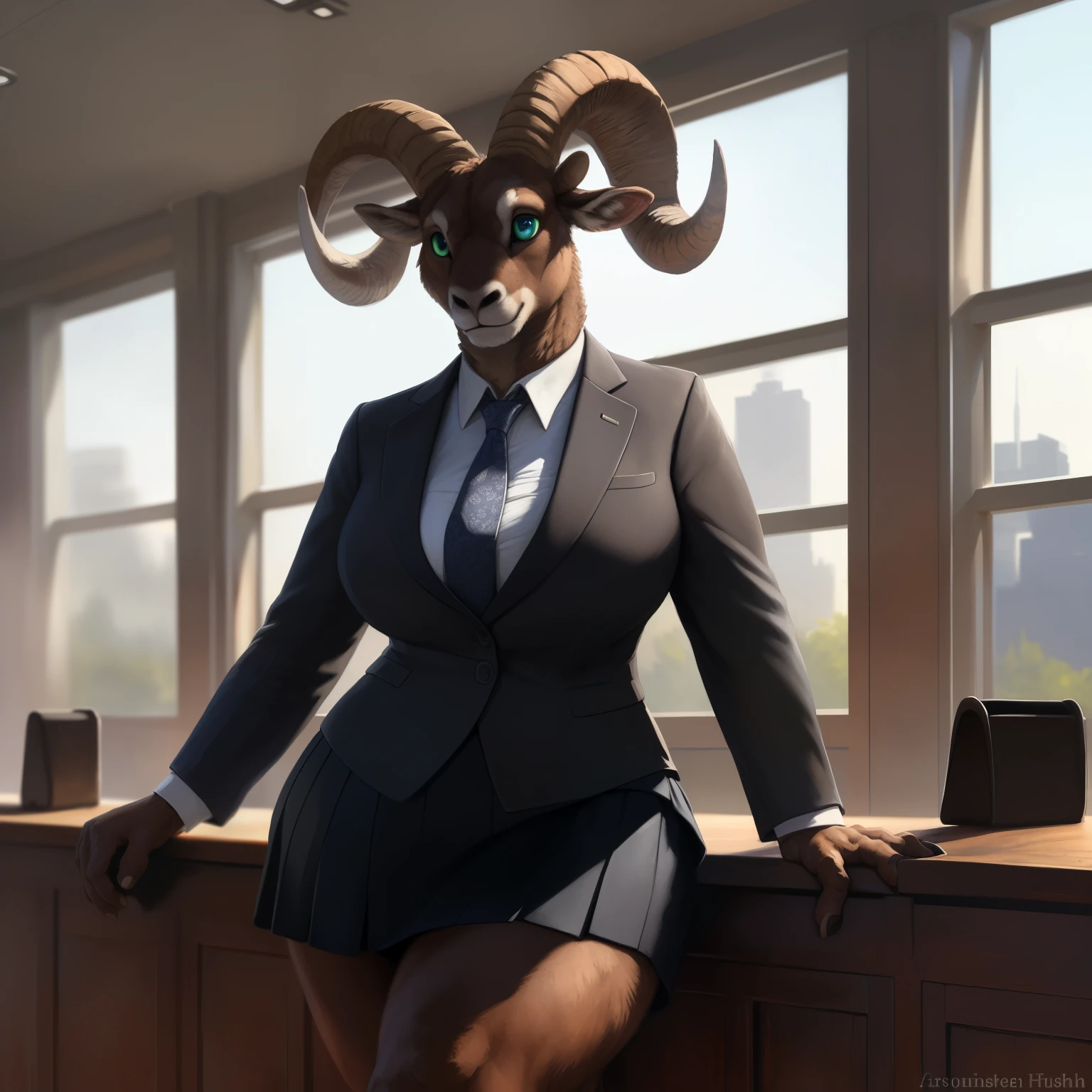 solo, alone, 8k, fine details, (ultra detailed), a beautiful and detailed full size portrait of a female anthro bighorn sheep, bovid (((brown body, brown skin))), blue eyes, bedroom eyes, curvy figure, green sclera, slit pupils, wide body, voluptuous, High Dynamic Range, cinematic shot, detailed eyes, big body goddess, kenket, Ross Tran,ruan jia, vip, trending on artstation,foxovh, cenematic lighting, big breaths, big breaths, big , big , big butt, looking at viewer, (((business outfit, black skirt)) full body, ((arms on side)), front view, standing, detailed classroom background,