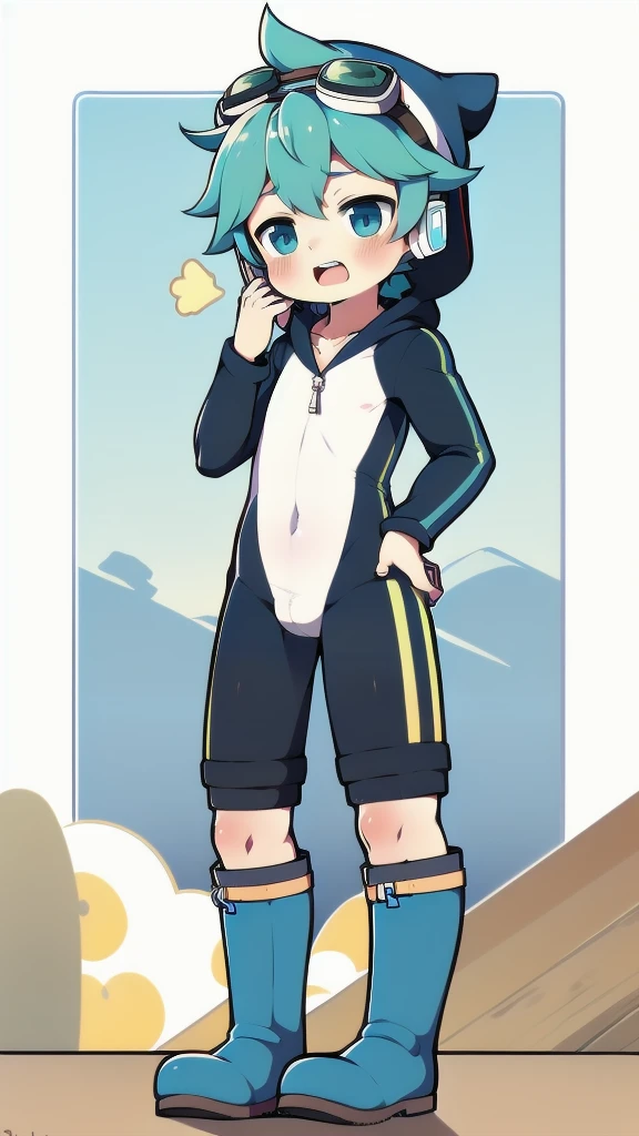 2D Boy Shota,One-piece mountaineering suit,Slim, healthy body,Put the headphones on your head,stand up,goggles,happy,Sailor collar,tie,Zipper pulled down,boots,hood,moan