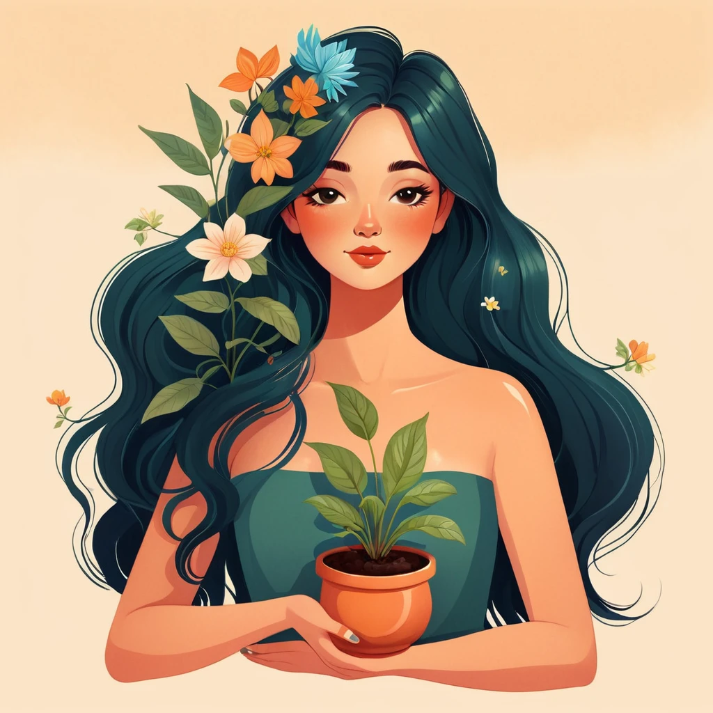 a woman holding a pot with a plant in it, jen bartel, a beautiful artwork illustration, beautiful digital illustration, flowers grow from the body, in style of digital illustration, illustration style, inspired by amy sol, flower goddess, 2d illustration, 2 d illustration, digital art illustration, 2d digital illustration, serene illustration, dreamy illustration, colorful illustration