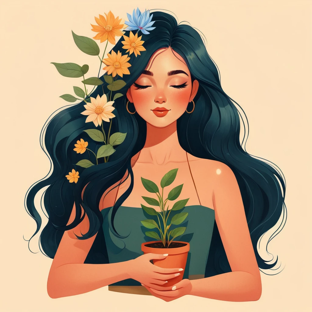 a woman holding a pot with a plant in it, jen bartel, a beautiful artwork illustration, beautiful digital illustration, flowers grow from the body, in style of digital illustration, illustration style, inspired by amy sol, flower goddess, 2d illustration, 2 d illustration, digital art illustration, 2d digital illustration, serene illustration, dreamy illustration, colorful illustration