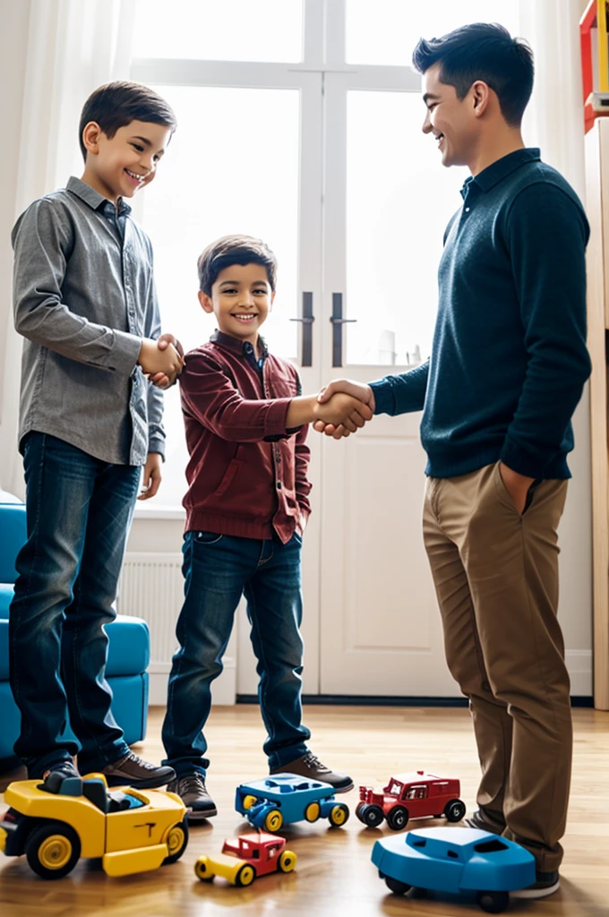 Two men shaking hands and a boy playing with toys