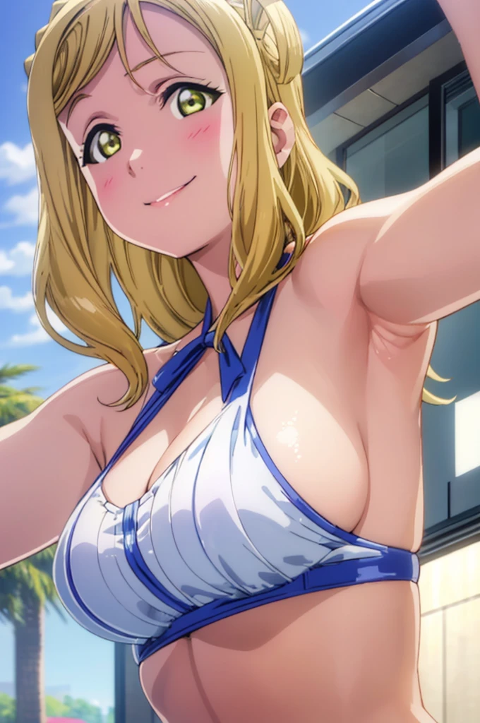 (((pixel-perfect, detail-perfect))), solo, 1girl, mari ohara, smile, pool, bikini, armpit, large extreme filesize, ultra High Qality