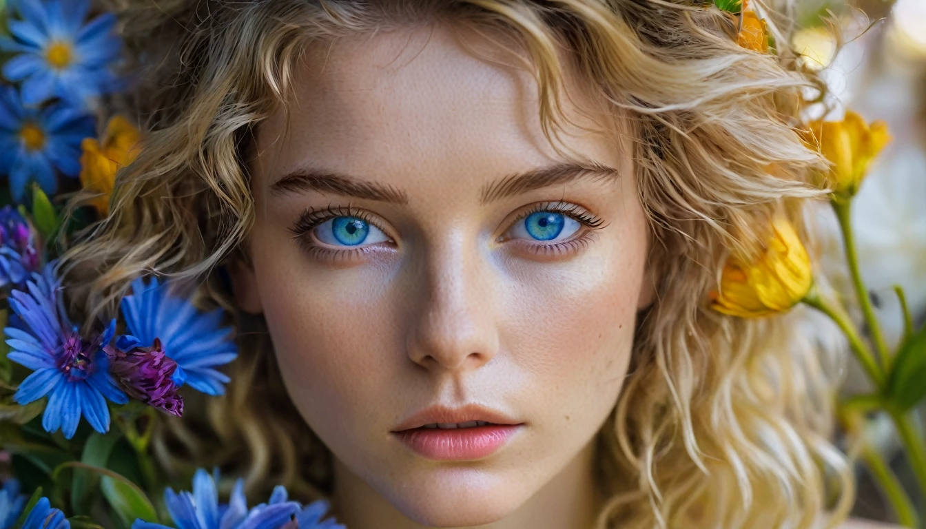 Artistic, portrait-style photo of a young woman with striking blue eyes, surrounded by and adorned with vibrant, colorful flowers, flowing hair blending with the flowers, direct gaze towards the camera, tight close-up on face, in a natural, floral setting, under soft, diffused lighting, shot at eye level, on a Canon EOS 5D Mark IV with a 100mm f/2.8 macro lens, in the style of Tim Walker