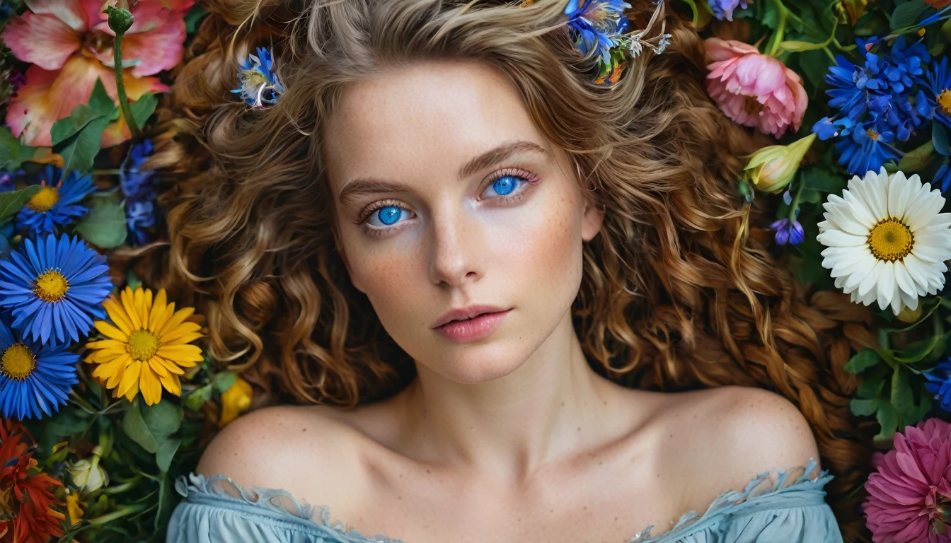 Artistic, portrait-style photo of a young woman with striking blue eyes, surrounded by and adorned with vibrant, colorful flowers, flowing hair blending with the flowers, direct gaze towards the camera, tight close-up on face, in a natural, floral setting, under soft, diffused lighting, shot at eye level, on a Canon EOS 5D Mark IV with a 100mm f/2.8 macro lens, in the style of Tim Walker