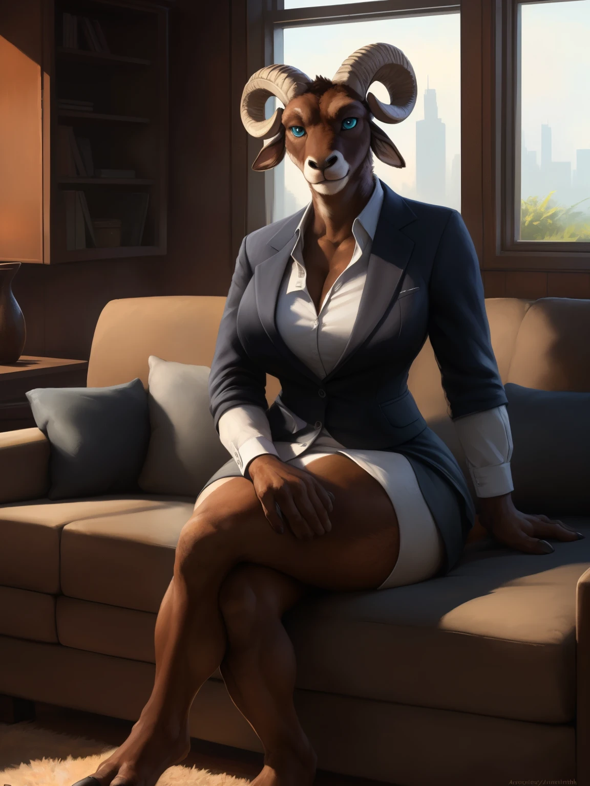 solo, alone, 8k, fine details, (ultra detailed), a beautiful and detailed full size portrait of a female anthro bighorn sheep, bovid (((brown body, brown skin))), blue eyes, bedroom eyes, curvy figure, green sclera, slit pupils, wide body, voluptuous, High Dynamic Range, cinematic shot, detailed eyes, big body goddess, kenket, Ross Tran,ruan jia, vip, trending on artstation,foxovh, cenematic lighting, big breaths, big breaths, big boobs, big , big butt, looking at viewer, (((business outfit, nipple outline)) full body, ((free arms)), front view, sitting on cauch, crossed legs, living room, detailed background,