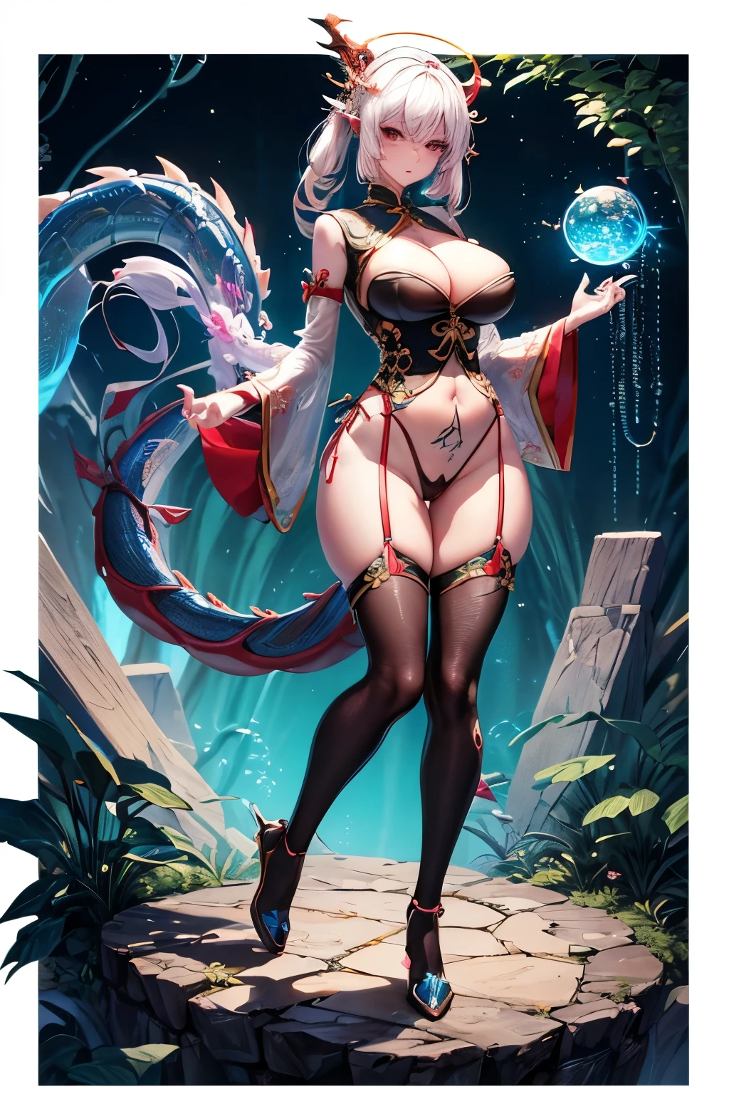 (Chinese dragon), (blind box toy style:1.2), (full body shot), (transparent female:1.2), behind her is a (transparent chinese dragon:1.2), (transparent mech:1.1), exquisite helmet, (round breasts), (bubble butt), (wide hips:1.1), (slim waist:1.1), (thick thighs:1.1), (detailed face and eyes:1.2), (luminous goggles:1.1), (cyberpunk:1.1), dreamy glow, (luminous neon lights), clean, (detailed background), (global illumination), ray traching, hdr, unreal render, reasonable design, high detal, masterpiece, best quality, hyper HD, cinematic lighting, (detailed hand and finger:1.2), (medium breasts:1.2), (busty), (deep cleavage:1.2), (labia outline:1.3), (hard teat:1.3).