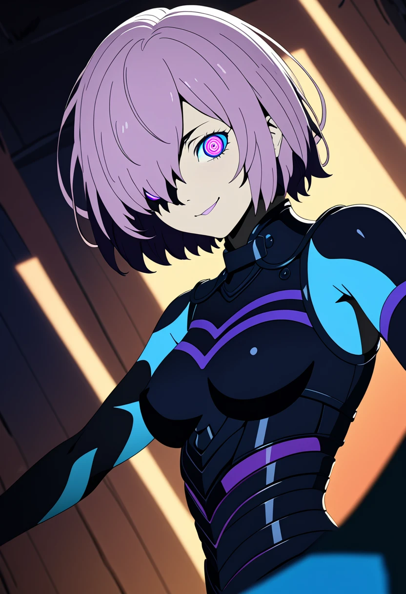 (masterpiece, top quality, best quality, official art, beautiful and aesthetic:1.2), (flat color:1.3), extremely detailed, detailed face and eyes, cinematic light, SFW, anime, depth of field, 1girl, seducing smile, solo, official, dark armor, mash kyrielight, light purple hair, short hair, hair over one eye, smile, slim body, cinematic lighting, dramatic lighting, dramatic atmosphere, hyper-realistic, high resolution, stunning contrast, (aburdres:1.4), aburd res, high quality, best quality, 8k, 4k, intricately detailed, (amazing details:1.2), highly detailed skin, powerful presence, vibrant colors, (detailed eyes:1.2), striking eyes, (detailed background), (dynamic angle:1.2), (dynamic pose:1.2), (Line of action:1.2)
