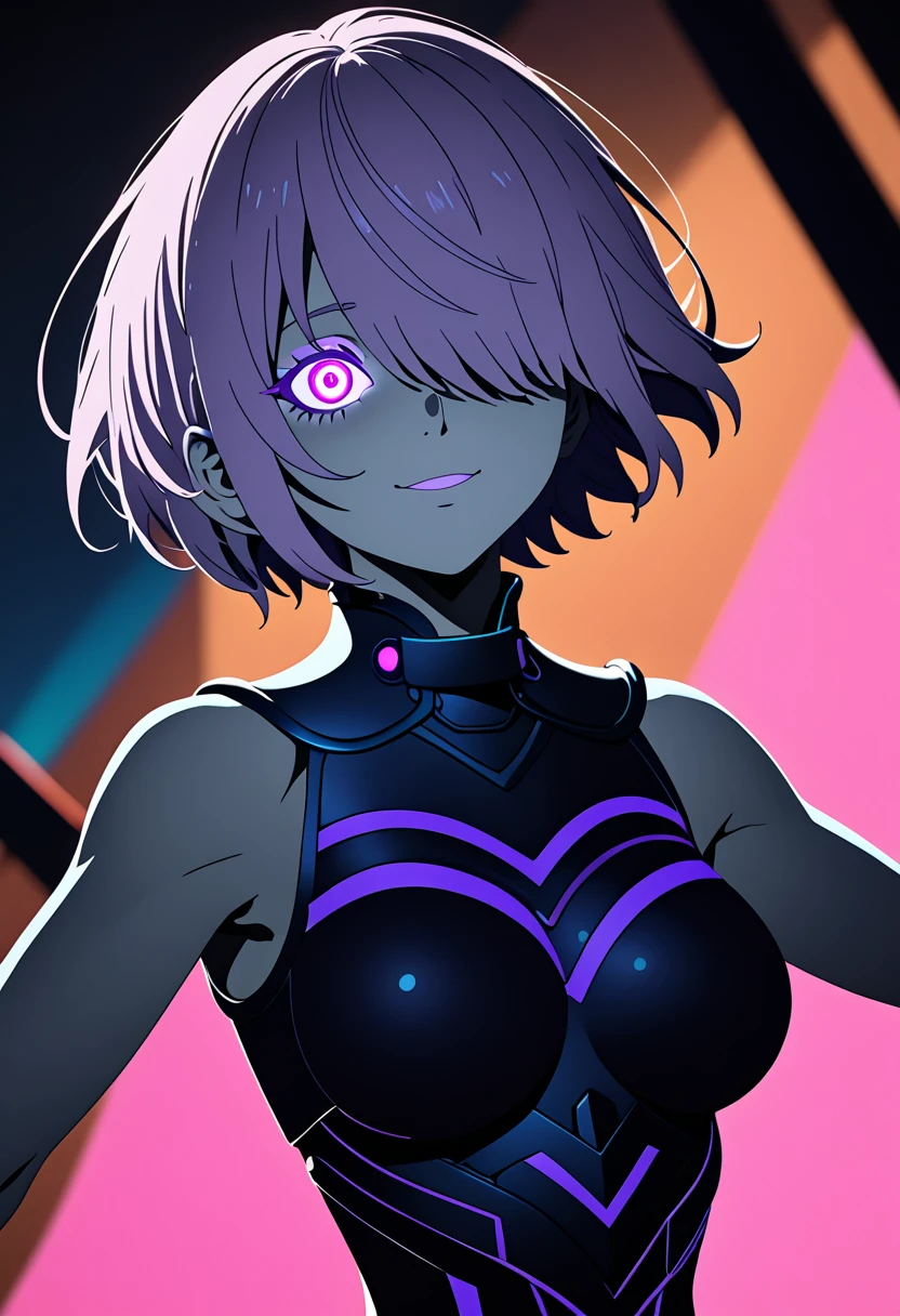 (masterpiece, top quality, best quality, official art, beautiful and aesthetic:1.2), (flat color:1.3), extremely detailed, detailed face and eyes, cinematic light, SFW, anime, depth of field, 1girl, seducing smile, solo, official, dark armor, mash kyrielight, light purple hair, short hair, hair over one eye, smile, slim body, cinematic lighting, dramatic lighting, dramatic atmosphere, hyper-realistic, high resolution, stunning contrast, (aburdres:1.4), aburd res, high quality, best quality, 8k, 4k, intricately detailed, (amazing details:1.2), highly detailed skin, powerful presence, vibrant colors, (detailed eyes:1.2), striking eyes, (detailed background), (dynamic angle:1.2), (dynamic pose:1.2), (Line of action:1.2)
