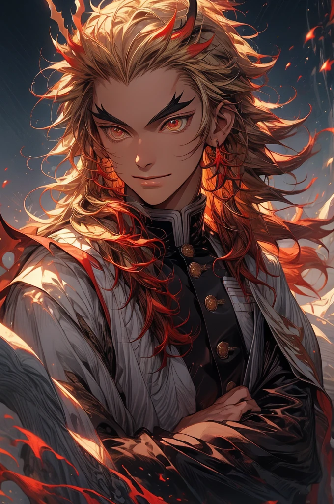 (masterpiece, best quality:1.2), solo, male focus, 1boy, rengoku kyojuro, smile, incrsunsheathingakatanameme, sheath, holding sheath, long hair, forked eyebrows, demon slayer uniform, black jacket, long sleeves, white cape