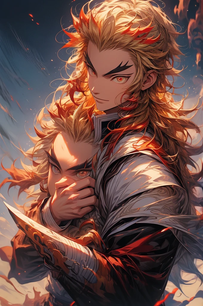 (masterpiece, best quality:1.2), solo, male focus, 1boy, rengoku kyojuro, smile, incrsunsheathingakatanameme, sheath, holding sheath, long hair, forked eyebrows, demon slayer uniform, black jacket, long sleeves, white cape