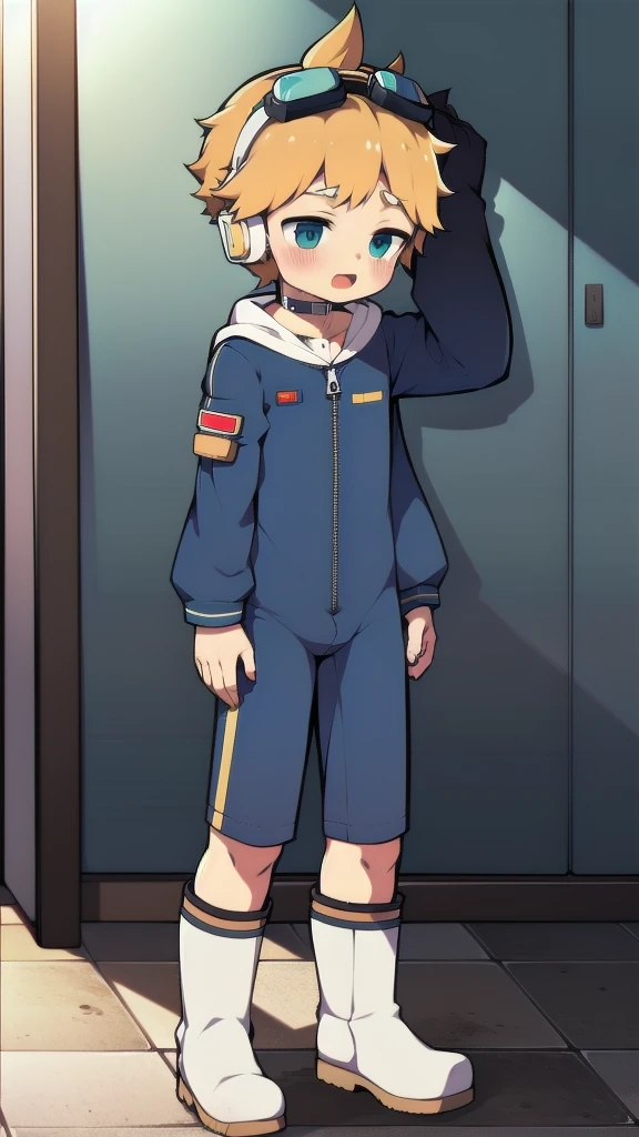 2D Boy Shota,One-piece mountaineering suit,Slim, healthy body,Put the headphones on your head,stand up,goggles,happy,Sailor collar,tie,Zipper pulled down,boots,hood,moan