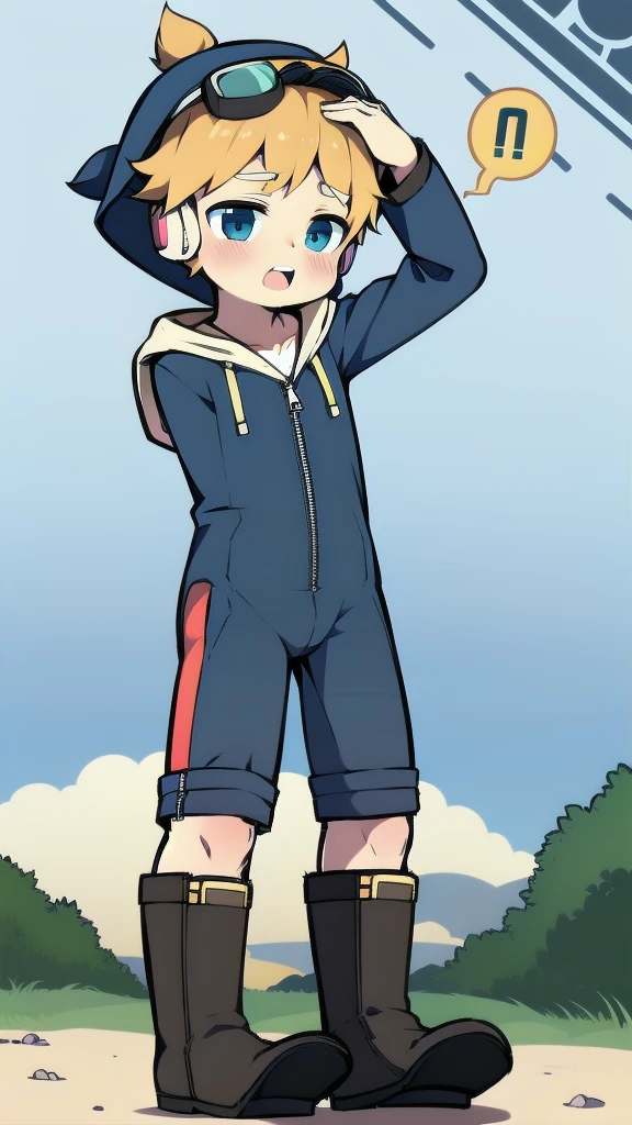 2D Boy Shota,One-piece mountaineering suit,Slim, healthy body,Put the headphones on your head,stand up,goggles,happy,Sailor collar,tie,Zipper pulled down,boots,hood,moan