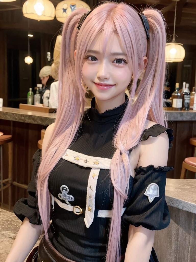 Masterpiece, best quality,3girls, light pink hair,cowboy shot, star(symbol) pasties, curly_low_twin_tail_hair,light smile,bar,