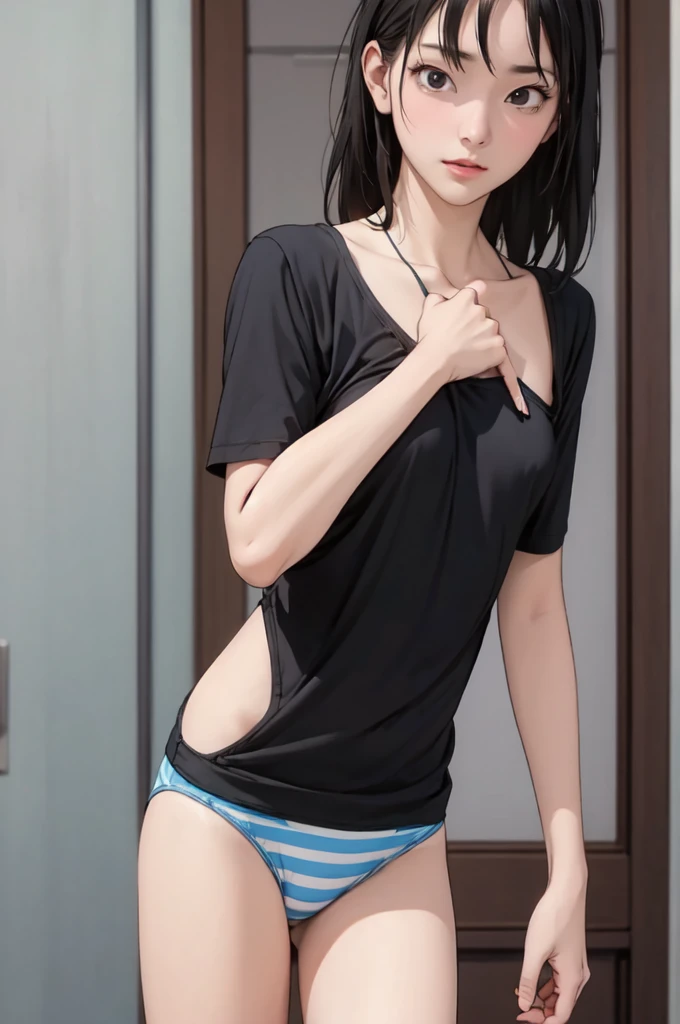((masterpiece, best quality)), 1 Girl, solo, Blurred Background, (((Small ))), Thighs, (Stripe underwear), T-Shirts,
