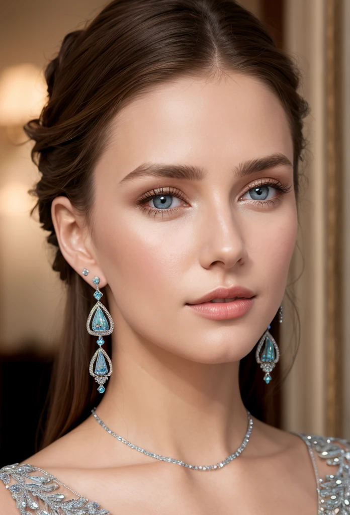 (masterpiece, best quality), intricate details, realistic, photorealistic, a close up of a woman wearing earrings, inspired by Emma Andijewska, draped in crystals, silver color, long earrings, sandra chevier, huge earrings, 2019, blue-eyed, platinum jewellery, earring, flawless structure, silver earring,  