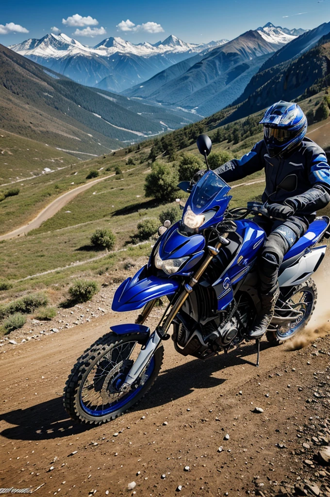 A blue Yamaha motorcycle , with number 16 , in some enduro mountains