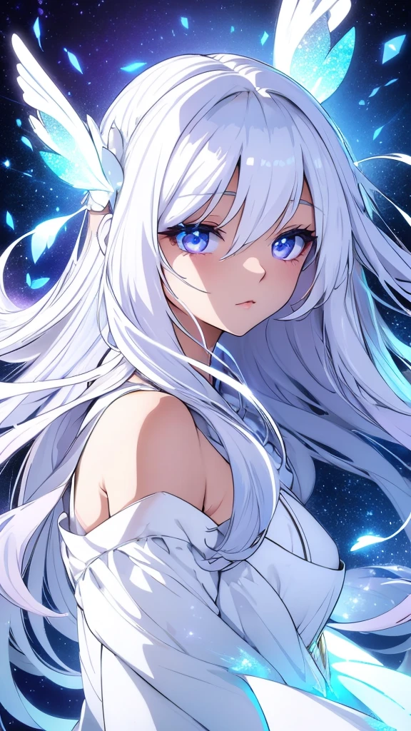 Goddess Soft face cosmic white shining eyes long cosmic bright white hair floating like waves in the air long cosmic bright white dress with cosmic white crystal butterflies 