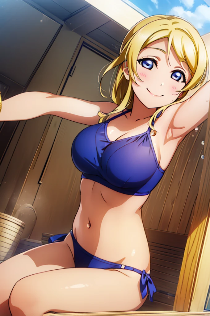 (((pixel-perfect, detail-perfect))), solo, 1girl, Eli ayase, smile, eyes azzur, hair blonde, sauna, armpit, bikini, large extreme filesize, ultra High Qality