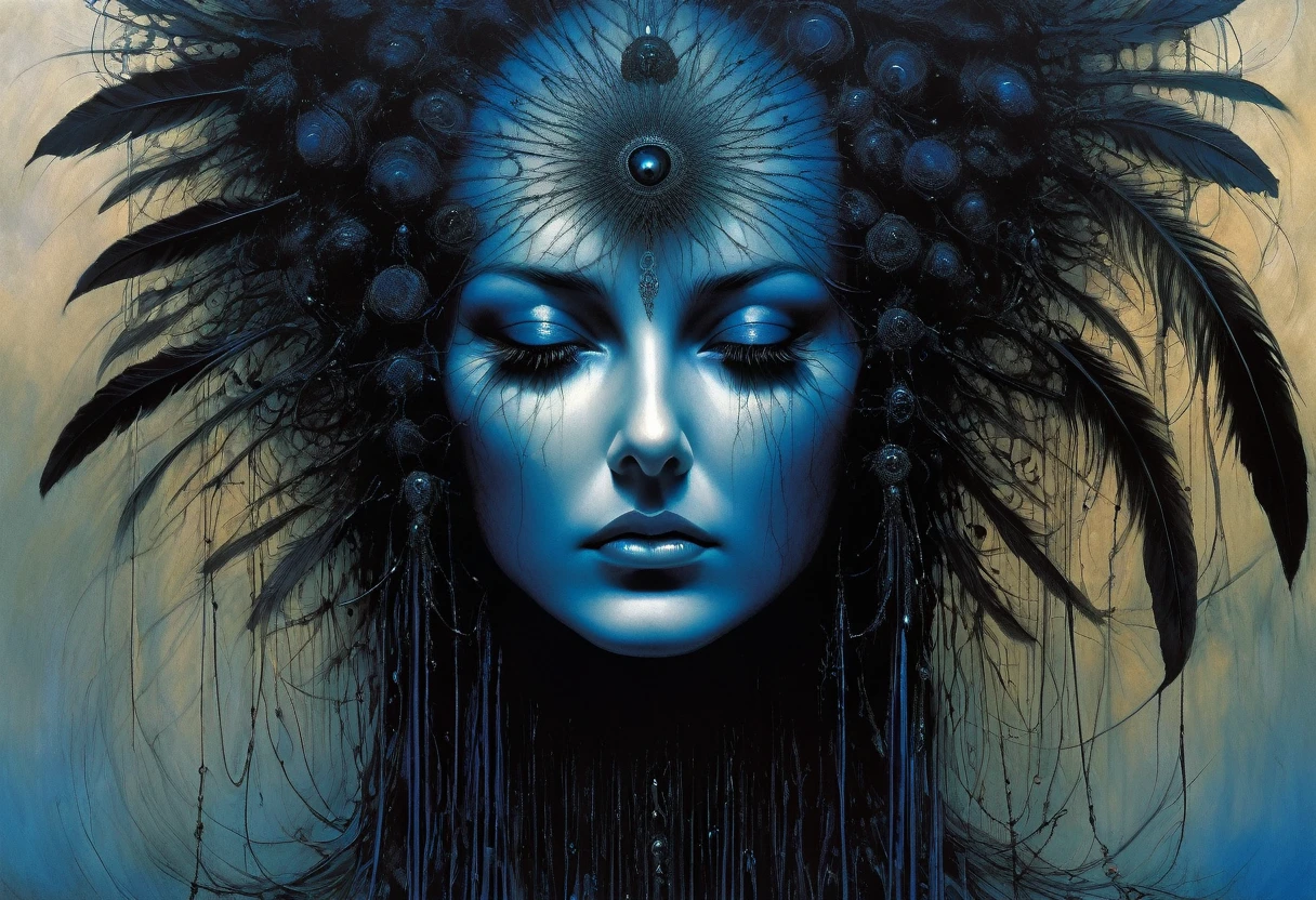 (Masterpiece, best quality), 1 Dame, alone, (lo Gothic), Dream Catcher, Vampir, short black hair, loose waves, blue eyes, sweet, (HG giger, Art by Hermann Nitsch, Beksinski, Dariusz Zawadzki, giger, zdzislaw beksinski), in the middle is written Psytrance