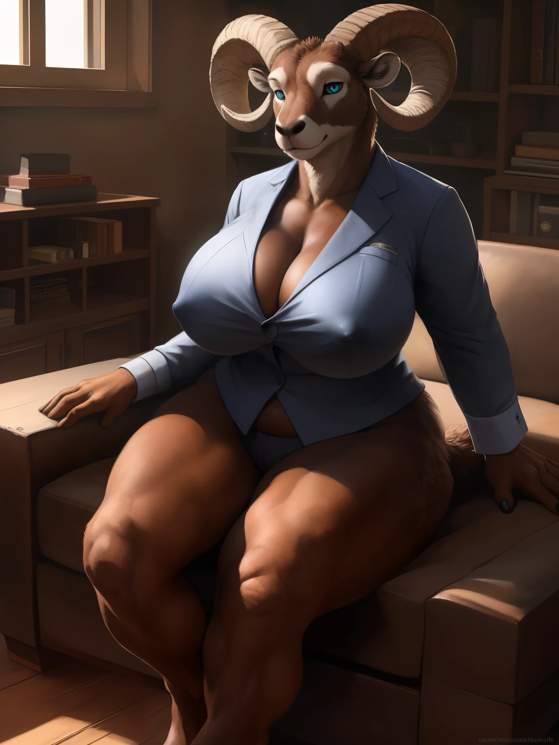 solo, alone, 8k, fine details, (ultra detailed), a beautiful and detailed full size portrait of a female anthro bighorn sheep, bovid (((brown body, brown skin))), blue eyes, bedroom eyes, curvy figure, green sclera, slit pupils, wide body, voluptuous, High Dynamic Range, cinematic shot, detailed eyes, big body goddess, kenket, Ross Tran,ruan jia, vip, trending on artstation,foxovh, cenematic lighting, big breaths, big breaths, big boobs, big , big butt, looking at viewer, (((business outfit, nipple outline)) full body, ((free arms)), front view, sitting on cauch, crossed legs, living room, detailed background,