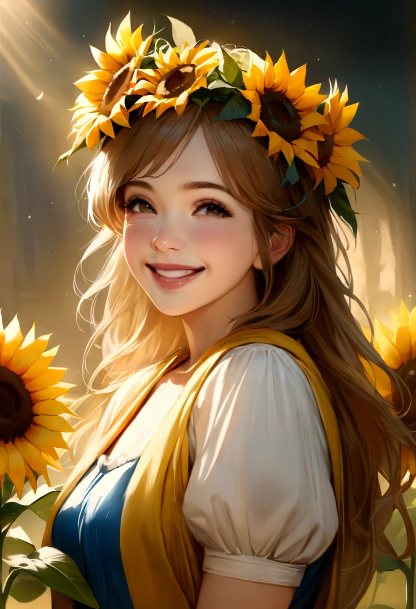 (Highest quality,High resolution,masterpiece:1.2),Disney Princesses,Soft natural light,It's like an anthropomorphized sunflower.,A big smile,Artistic Expression,sunflower crown,Realistic depiction