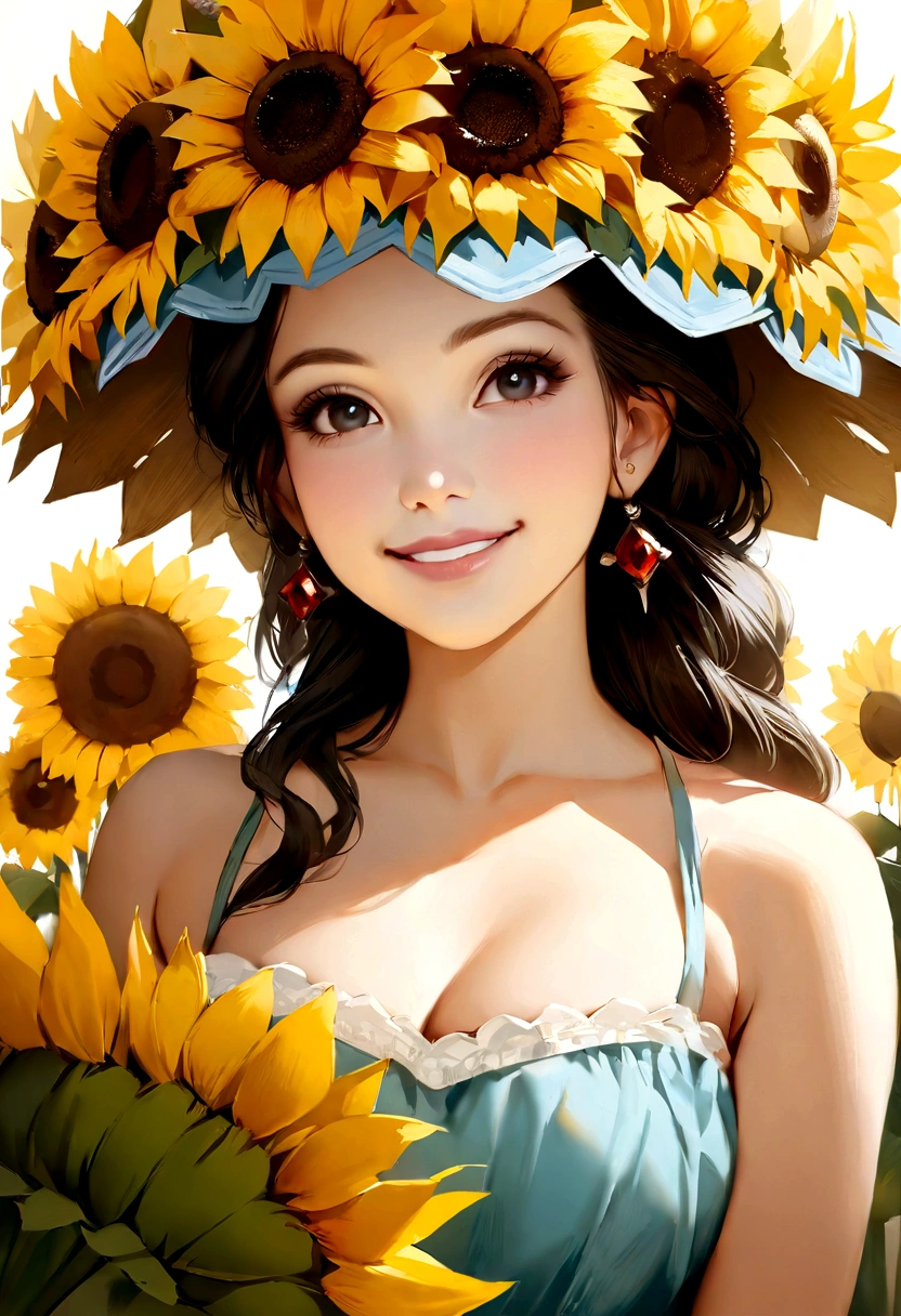 (Highest quality,High resolution,masterpiece:1.2),Disney Princesses,Soft natural light,It&#39;s like an anthropomorphized sunflower.,A big smile,Artistic Expression,sunflower crown,Realistic depiction