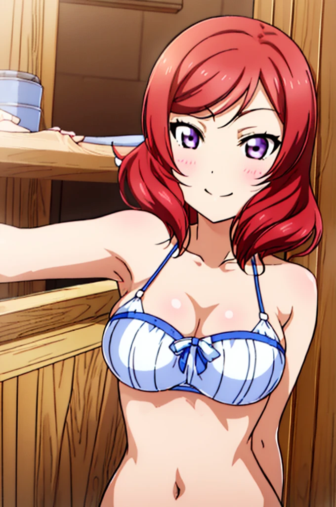 (((pixel-perfect, detail-perfect))), solo, 1girl, maki nishikino, smile, sauna, bikini, armpit, large extreme filesize, ultra High Qality