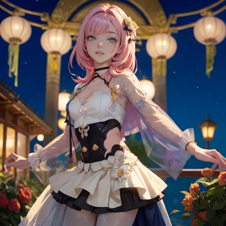 1 girl, ornament hair, perfectly body, perfectly hands, wave hair, pink hair, long hair, on garden, shrine scenery, red roses on focus, white lantern, white maid dress, more details on her clothes, white dress with transparency, night, smiling, cape,ornament hair, long hair, 1 girl, Looking at the viewer, flowing hair, Beautiful Eyes, Plump and glossy lips, maid, maid dress with too many frills, white dress, petals in the air, flowers, red roses, white laces, white Short skirt, Drape clothes, pink gem, Lace trim, temple, chinese festival of lanterns, luxury gold details, gold jewelry, more details, best quality, Big sparkling eyes, blushing, Striped Lace Stockings, white ta skirt, sparkle, solo, centered girl, cowboy shot, perfectly body, perfectly hands, two arms, two legs, two hands, five fingers, perfect anatomy, glowing hair, 1girl,maid dress, solo, flowing hair, floating hair, ornament hair, perfectly body, perfectly hands, on the garden, fireworks, more details on her clothes, dress with transparency, golden details on her dress, night, holding a rose, ((4k, masterpiece, top-quality)),8k, best quality, high resolution, HD, (illustration:0.8), super cute girl, delicate and beautiful face, mature girl, super cute hairstyle, (beautiful detailed eyes:1.6), extremely detailed face, perfect lighting, extremely detailed CG, (perfect hands, perfect anatomy), Best quality, cleavage, small skirt, full Body, two arms, two legs, two hands, five fingers