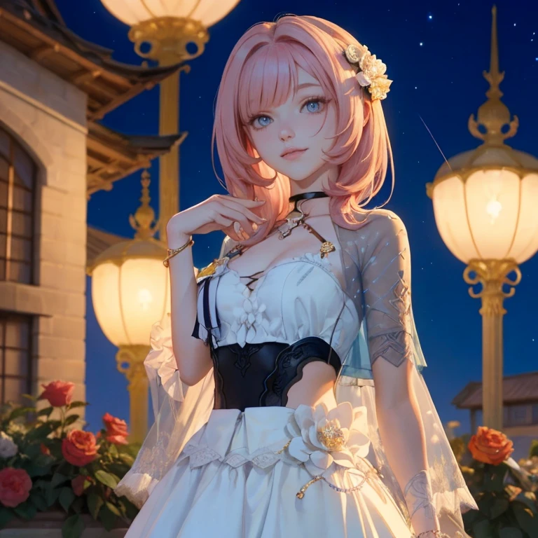 1 girl, ornament hair, perfectly body, perfectly hands, wave hair, pink hair, long hair, on garden, shrine scenery, red roses on focus, white lantern, white maid dress, more details on her clothes, white dress with transparency, night, smiling, cape,ornament hair, long hair, 1 girl, Looking at the viewer, flowing hair, Beautiful Eyes, Plump and glossy lips, maid, maid dress with too many frills, white dress, petals in the air, flowers, red roses, white laces, white Short skirt, Drape clothes, pink gem, Lace trim, temple, chinese festival of lanterns, luxury gold details, gold jewelry, more details, best quality, Big sparkling eyes, blushing, Striped Lace Stockings, white Lolita skirt, sparkle, solo, centered girl, cowboy shot, perfectly body, perfectly hands, two arms, two legs, two hands, five fingers, perfect anatomy, glowing hair, 1girl,maid dress, solo, flowing hair, floating hair, ornament hair, perfectly body, perfectly hands, on the garden, fireworks, more details on her clothes, dress with transparency, golden details on her dress, night, holding a rose, ((4k, masterpiece, top-quality)),8k, best quality, high resolution, HD, (illustration:0.8), super cute girl, delicate and beautiful face, mature girl, super cute hairstyle, (beautiful detailed eyes:1.6), extremely detailed face, perfect lighting, extremely detailed CG, (perfect hands, perfect anatomy), Best quality, cleavage, small skirt, full Body, two arms, two legs, two hands, five fingers