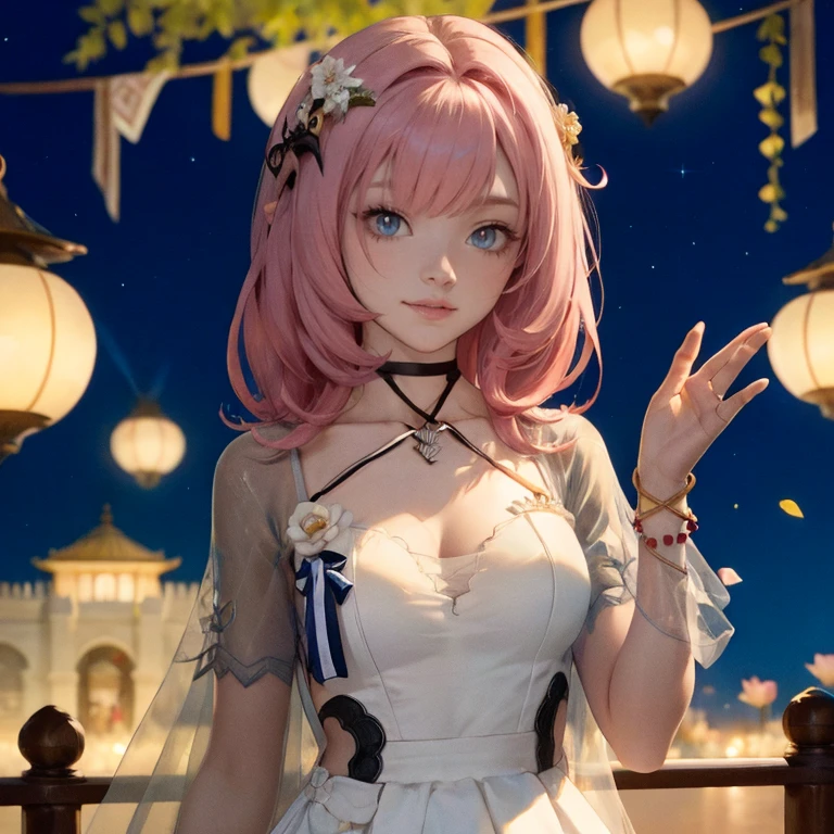 1 girl, ornament hair, perfectly body, perfectly hands, wave hair, pink hair, long hair, on garden, shrine scenery, red roses on focus, white lantern, white maid dress, more details on her clothes, white dress with transparency, night, smiling, cape,ornament hair, long hair, 1 girl, Looking at the viewer, flowing hair, Beautiful Eyes, Plump and glossy lips, maid, maid dress with too many frills, white dress, petals in the air, flowers, red roses, white laces, white Short skirt, Drape clothes, pink gem, Lace trim, temple, chinese festival of lanterns, luxury gold details, gold jewelry, more details, best quality, Big sparkling eyes, blushing, Striped Lace Stockings, white Lolita skirt, sparkle, solo, centered girl, cowboy shot, perfectly body, perfectly hands, two arms, two legs, two hands, five fingers, perfect anatomy, glowing hair, 1girl,maid dress, solo, flowing hair, floating hair, ornament hair, perfectly body, perfectly hands, on the garden, fireworks, more details on her clothes, dress with transparency, golden details on her dress, night, holding a rose, ((4k, masterpiece, top-quality)),8k, best quality, high resolution, HD, (illustration:0.8), super cute girl, delicate and beautiful face, mature girl, super cute hairstyle, (beautiful detailed eyes:1.6), extremely detailed face, perfect lighting, extremely detailed CG, (perfect hands, perfect anatomy), Best quality, cleavage, small skirt, full Body, two arms, two legs, two hands, five fingers