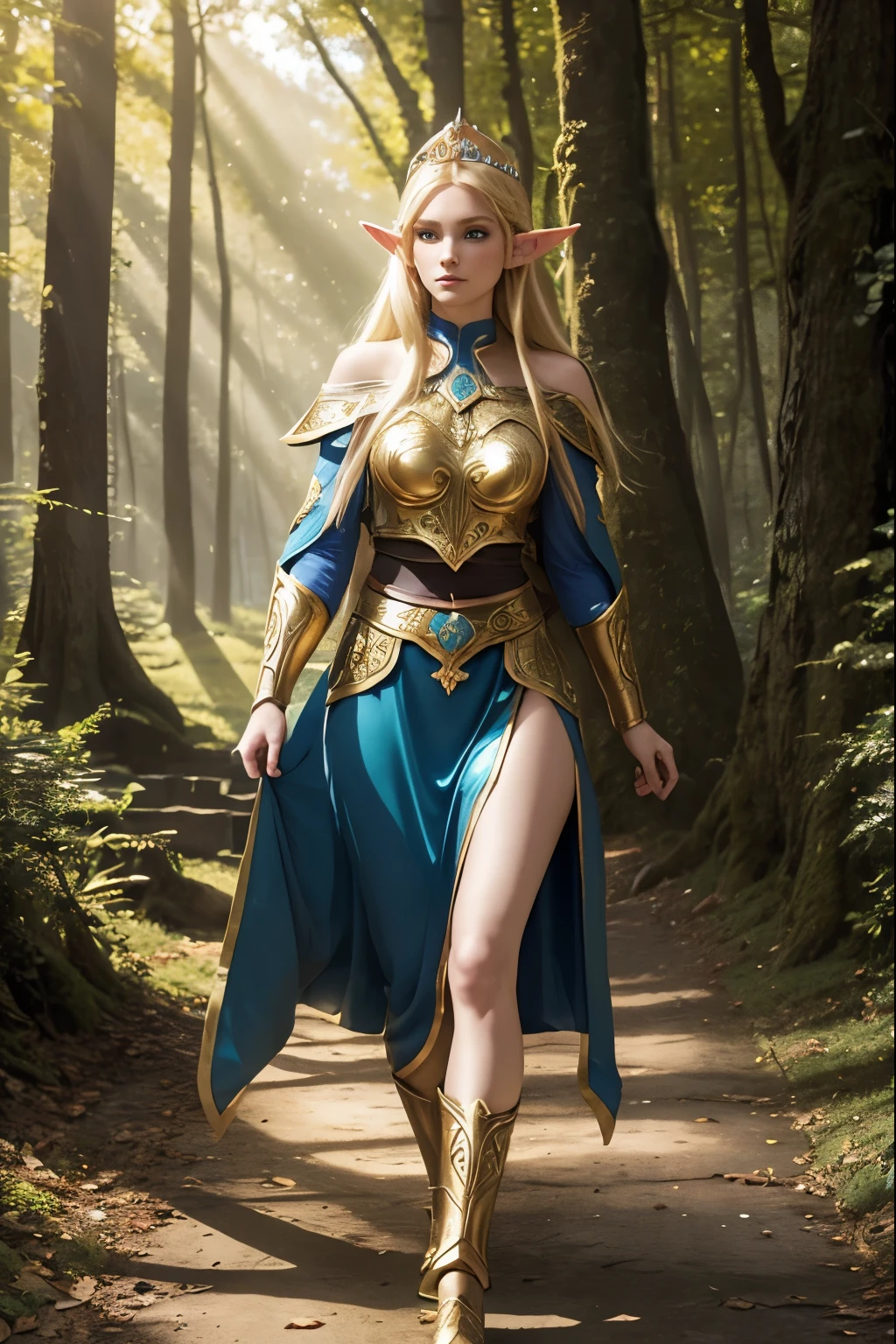 Woman, Elf, Elf Woman, Blonde Hair, Pale Skin, Long Hair, Blue Eyes, large Breasts, Ornate Golden Armor, Ornate Golden battle skirt, golden tiara, (Walking through Elf city), Hidden Elf village in forest, Sun rays showing through the canopy
