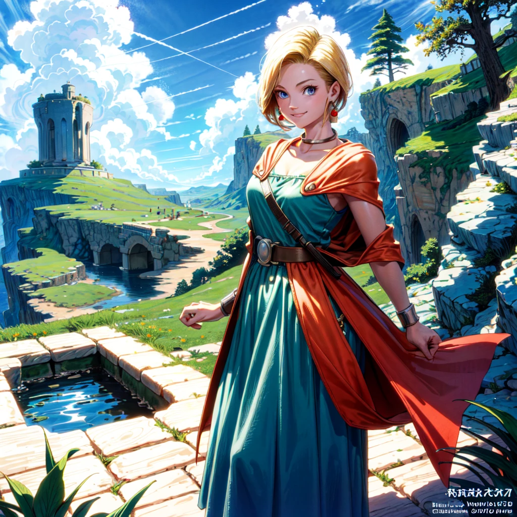 (Masterpiece, Best Quality:1.2), 1 Girl, Solo, 1girl, Bianca, DQ5, Illustration, Anime Style, Long Hair, Blonde Hair, Single Blade, Over Shoulder Hair, Blue Eyes, Smile,, Dress, Jewelry, Earrings, Choker, Cape, Bracelet, Nature, Outdoors, Blue Sky