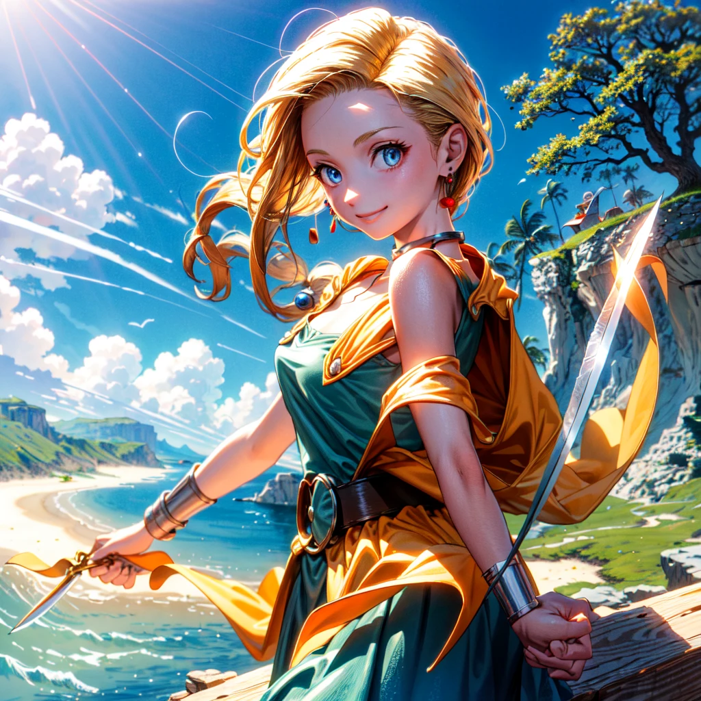 (Masterpiece, Best Quality:1.2), 1 Girl, Solo, 1girl, Bianca, DQ5, Illustration, Anime Style, Long Hair, Blonde Hair, Single Blade, Over Shoulder Hair, Blue Eyes, Smile,, Dress, Jewelry, Earrings, Choker, Cape, Bracelet, Nature, Outdoors, Blue Sky