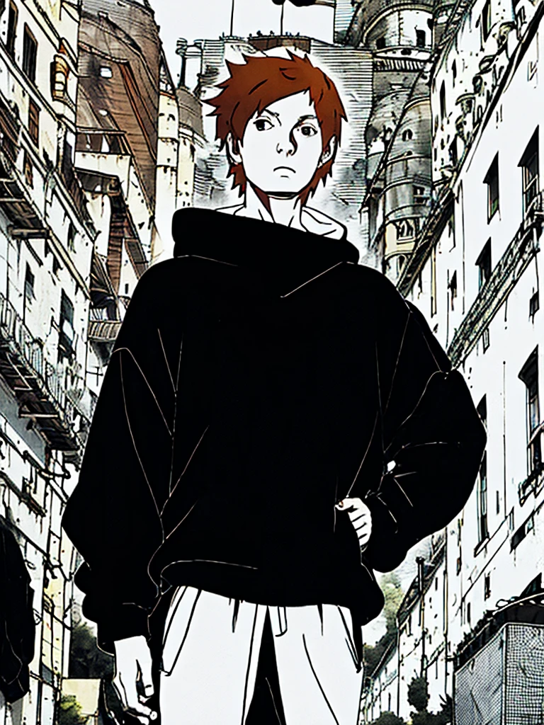 A short boy, short ginger hair, black eyes, thin eyebrows, wearing black clothes, city, high res, masterpiece, 8K, full growth, looking to a viewer