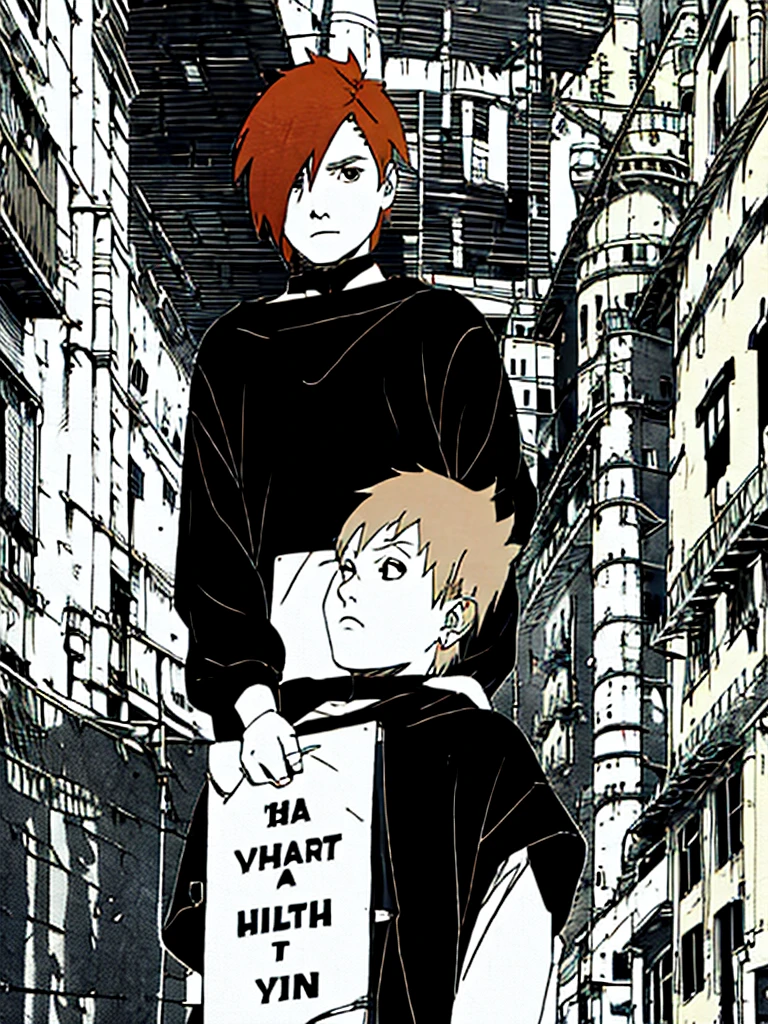 A short boy, short ginger hair, black eyes, thin eyebrows, wearing black clothes, city, high res, masterpiece, 8K, full growth, looking to a viewer