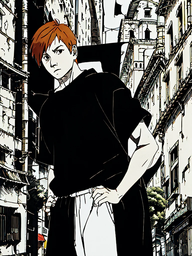 A short boy, short ginger hair, black eyes, thin eyebrows, wearing black clothes, city, high res, masterpiece, 8K, full growth, looking to a viewer