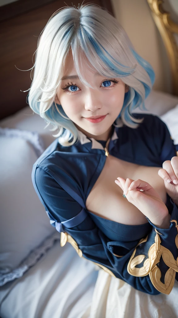 Furina from Genshin Impact, 18 years old girl, (Raw photo, Best Quality), (Realistic, Photorealsitic:1.3), masterpiece, Extremely delicate and beautiful, Soft light, (beautiful white and blue hair, Shoulder-length straight hair swaying in the wind), Beautiful detailed girl, (Detailed fingers), extremely detailed eye and face, beautiful detailed nose, Beautiful detailed eyes, 1 girl, Japanese, Neat and clean beauty, Cute, young, (big realist breasts), Realistic face, Realistic body, cute smile, full body view, laying on the bed, blushing, sexy, look at the viewer