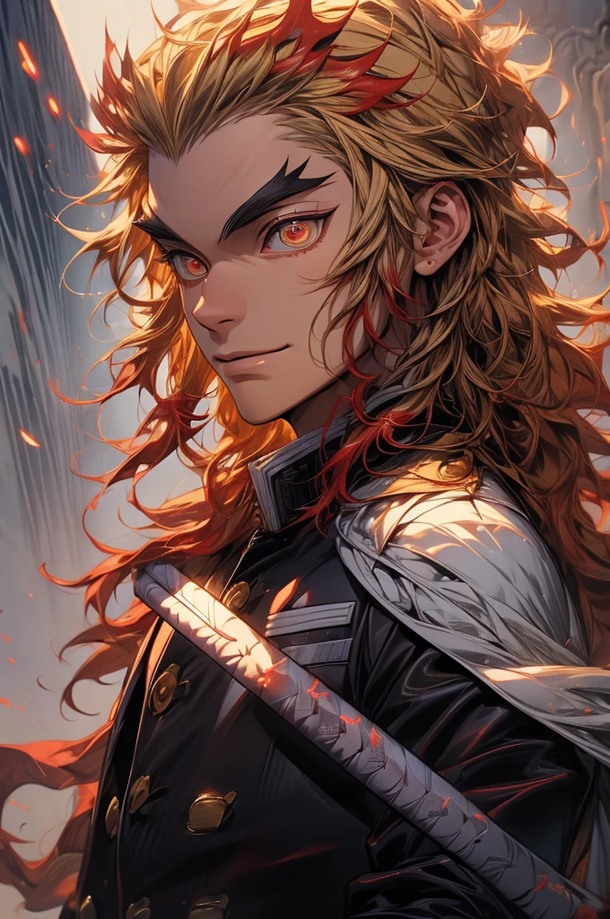 (masterpiece, best quality:1.2), solo, male focus, 1boy, rengoku kyojuro, smile, incrsunsheathingakatanameme, sheath, holding sheath, long hair, forked eyebrows, demon slayer uniform, black jacket, long sleeves, white cape